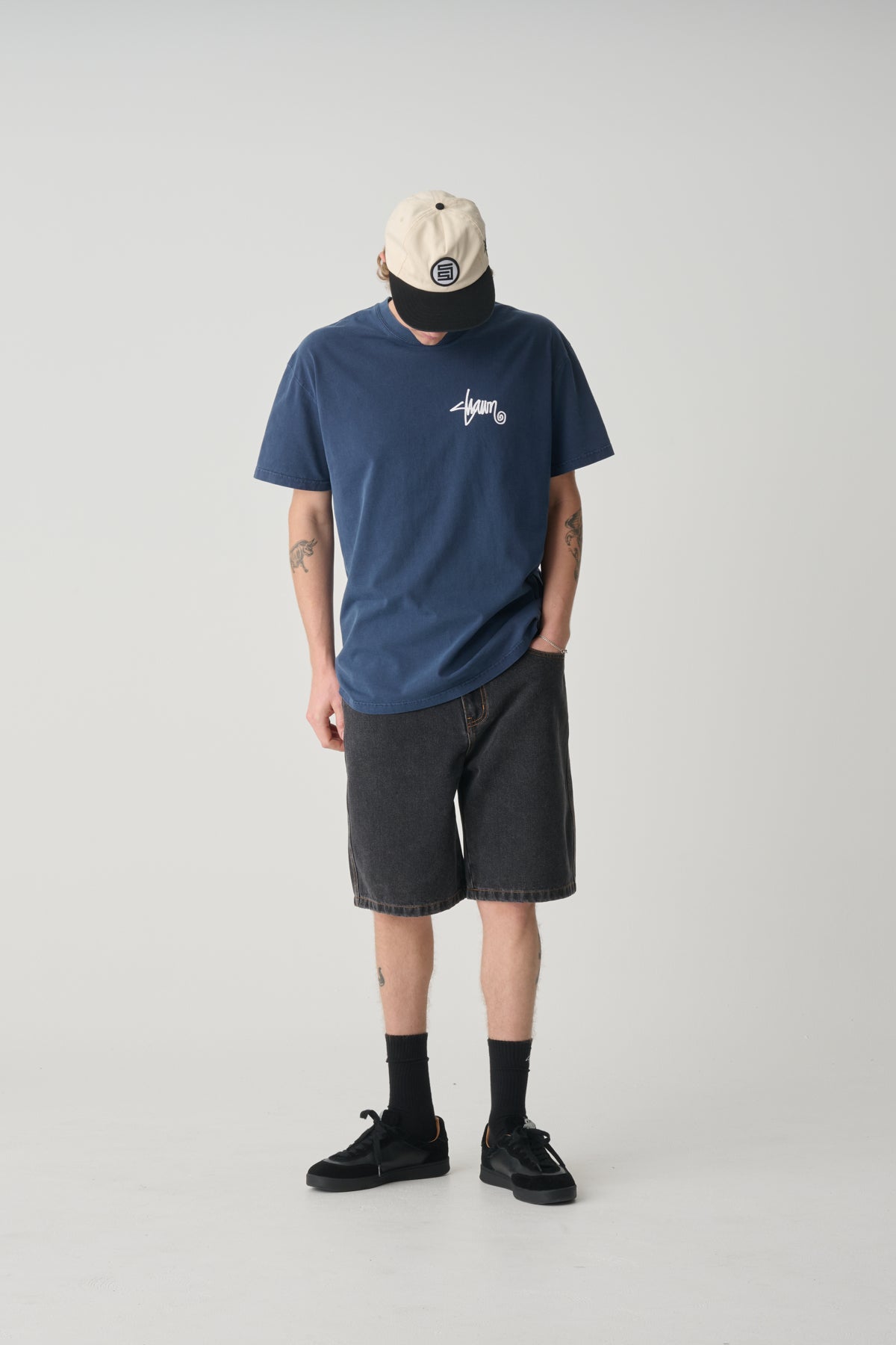 S-Double Denim Standard Short Washed Black