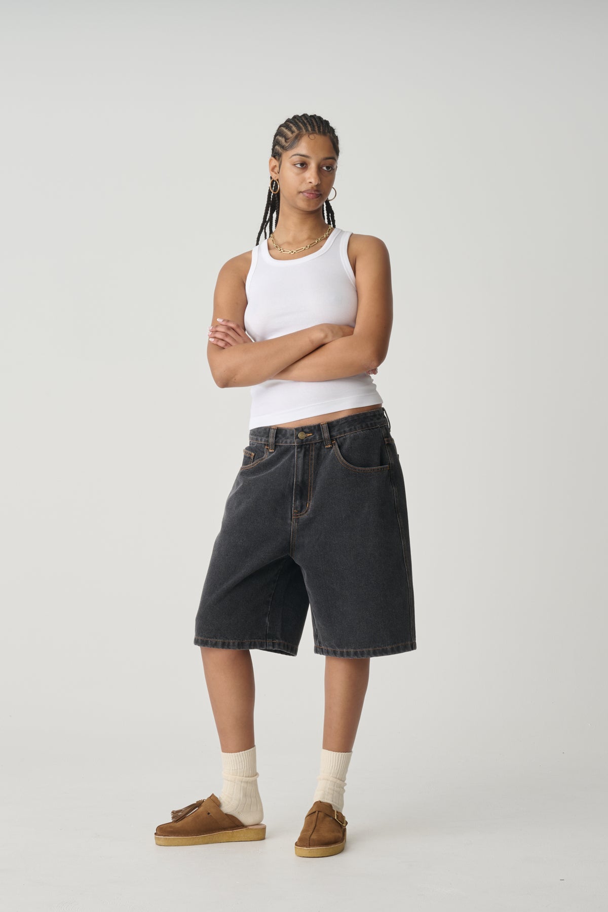 S-Double Denim Standard Short Washed Black