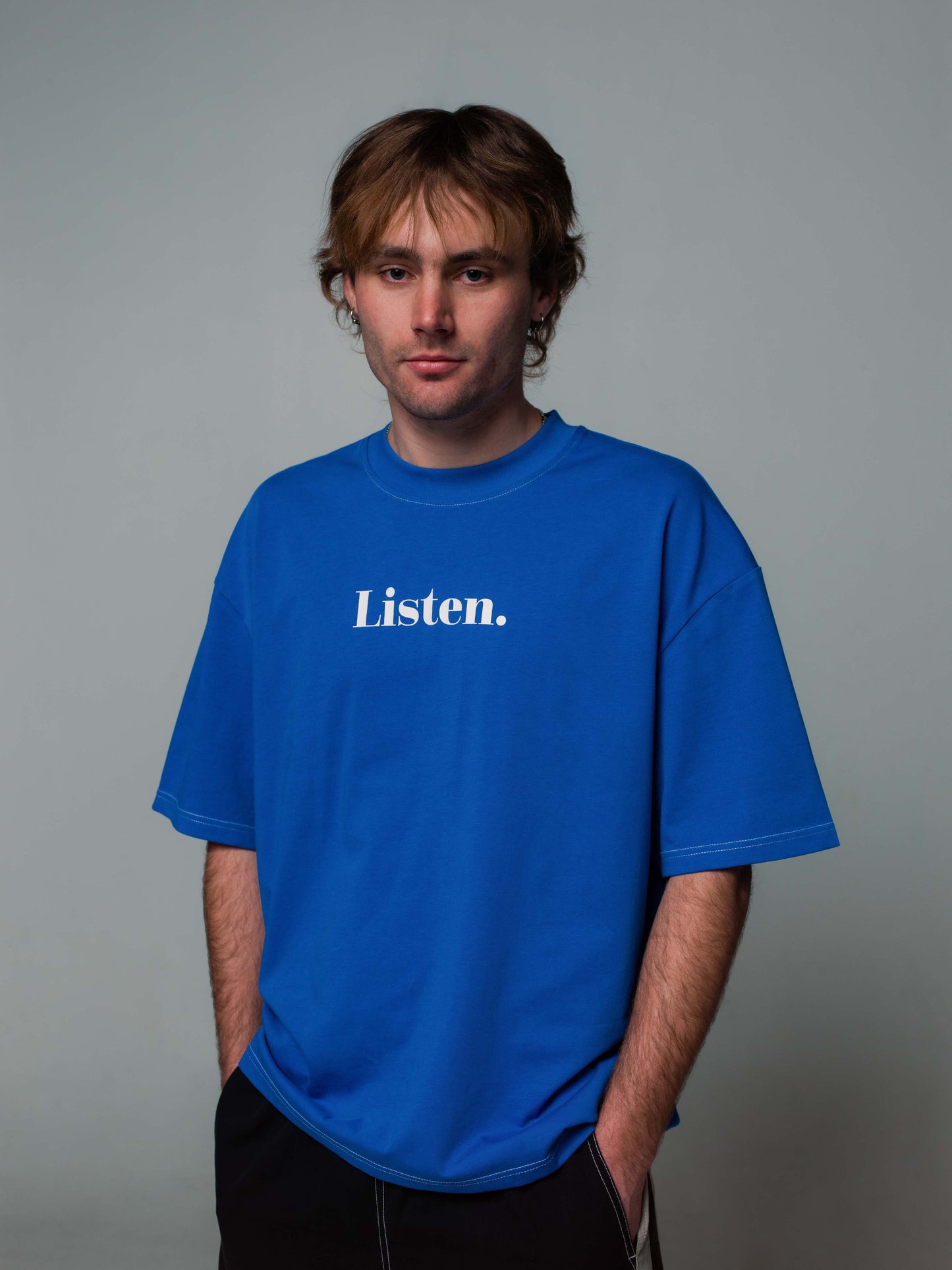 Listen Contrast Stitch Tee Blue