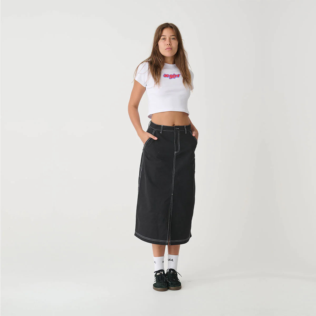 X-Girl Contrast Stitch Midi Skirt - Black